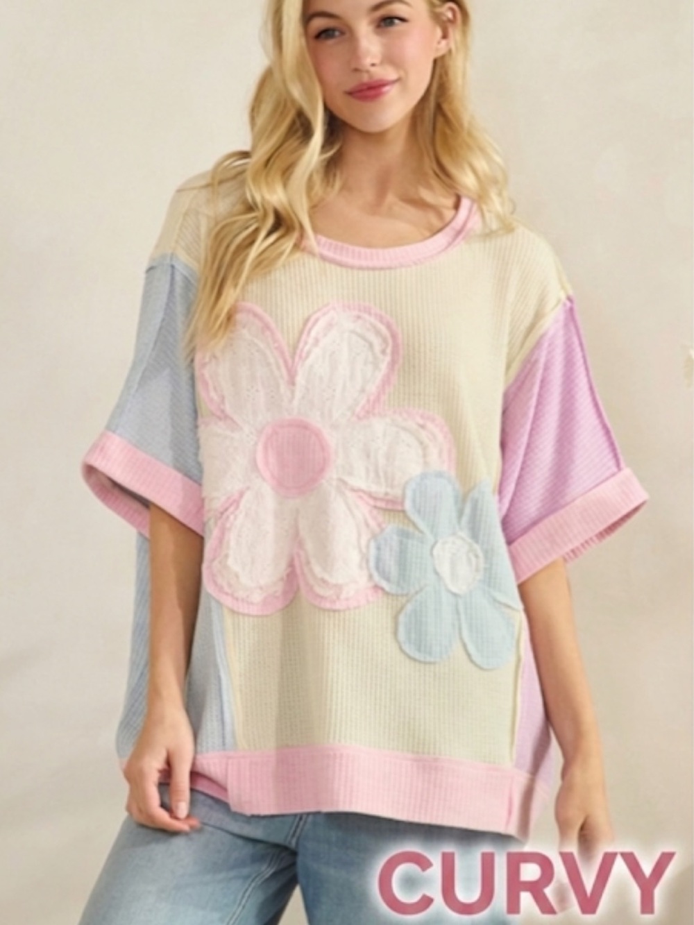 💕PLUS Sage + Fig Pastel Floral Waffle-Knit Short Sleeve Shirt